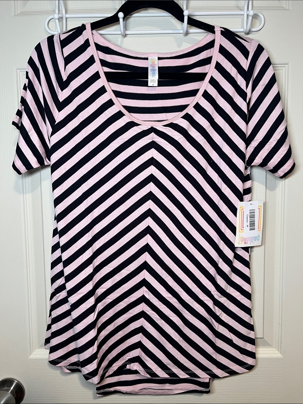 LuLaRoe Pink and Black Diagonal Stripe Scoop Neck Top